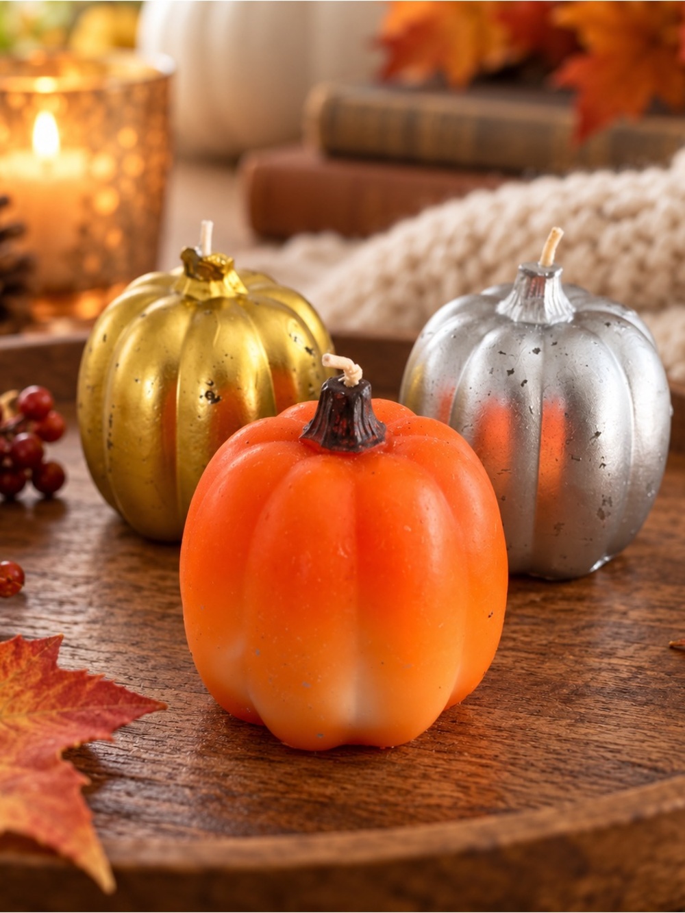 Autumn Pumpkin Decorative Candle Trio - Orange, Gold & Silver